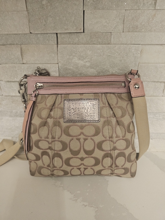 Coach Handbags - Coach Signature Canvas Crossbody Bag in Beige and Pink